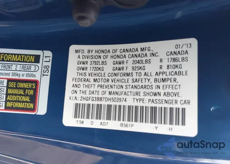 2013 Honda Civic Ex из США, поврежденный, VIN 2HGFG3B87DH503974